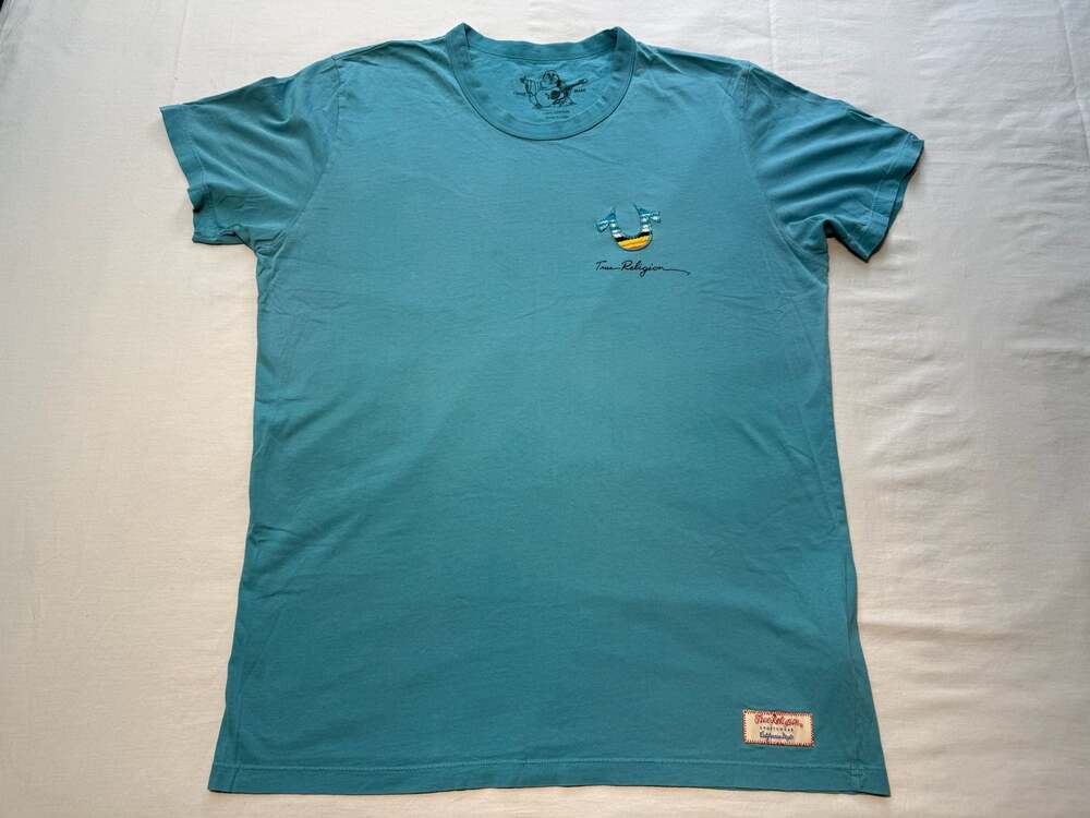 True Religion Teal Embroidered Horseshoe Logo T-Shirt Size L